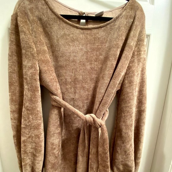 Beige Chenille Long Sleeve Dress with Belted Tie Waist from Red Dress Boutique - Picture 1 of 3
